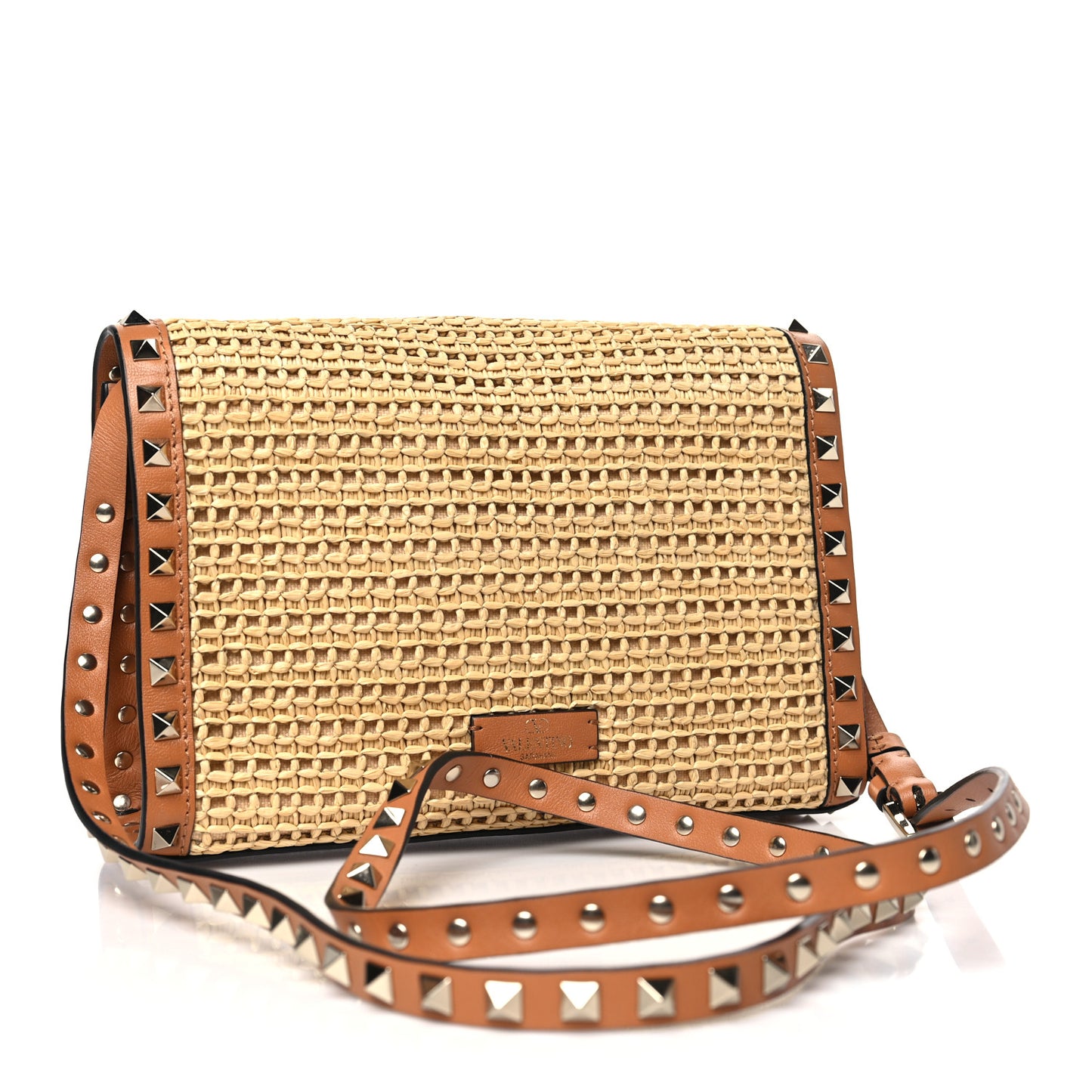 Raffia Calfskin Small Rockstud Flip Lock Crossbody Bag Natural Saddle Brown