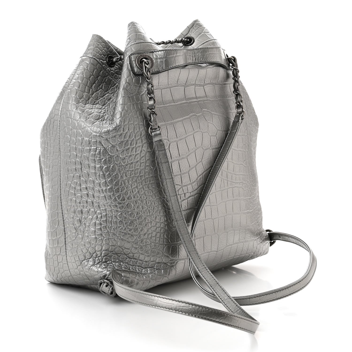 Chanel Metallic Calfskin Crocodile Embossed Large Backpack Silver 3 of 10