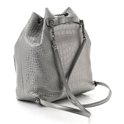 Chanel Metallic Calfskin Crocodile Embossed Large Backpack Silver 3 of 10
