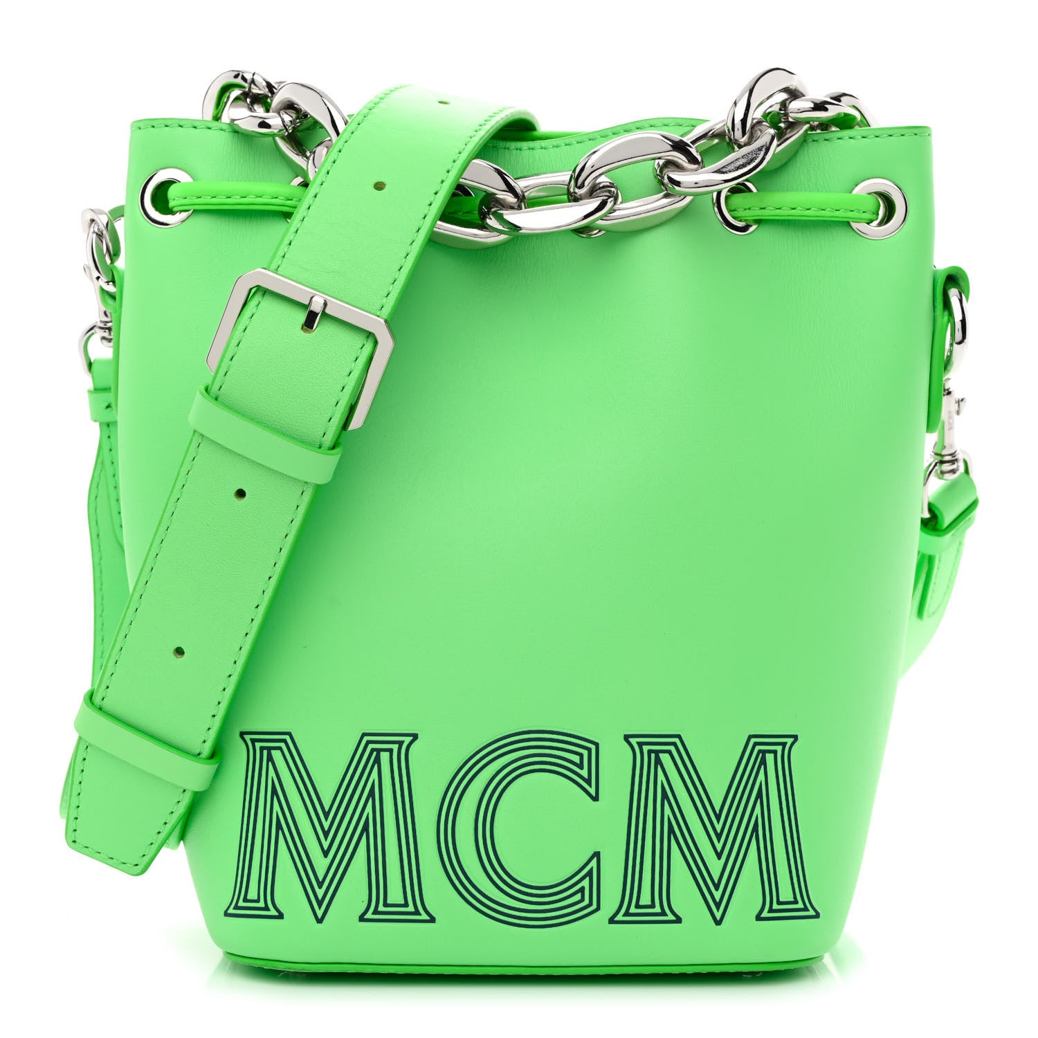 MCM Calfskin Drawstring Logo Bucket Bag Green 1 of 12