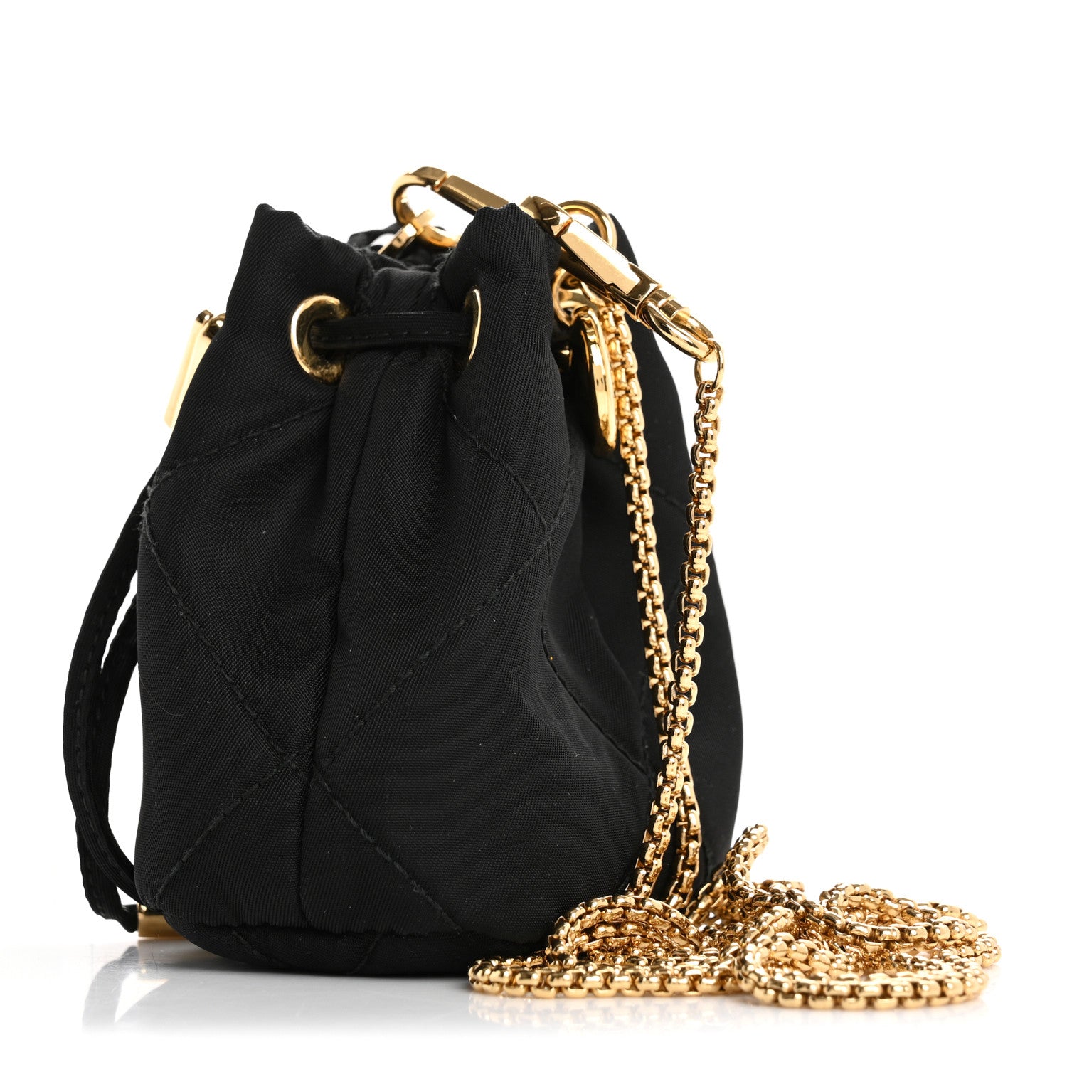 Prada Re-Nylon Quilted Metal Triangle Logo Mini Drawcord Pouch Shoulder Bag Black 3 of 16