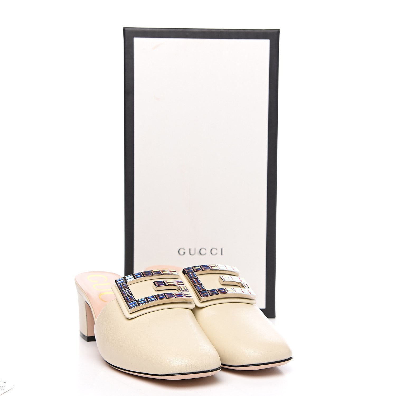Gucci Malaga Kid Crystal Square G Madelyn Mules 37.5 Vintage White 11 of 11