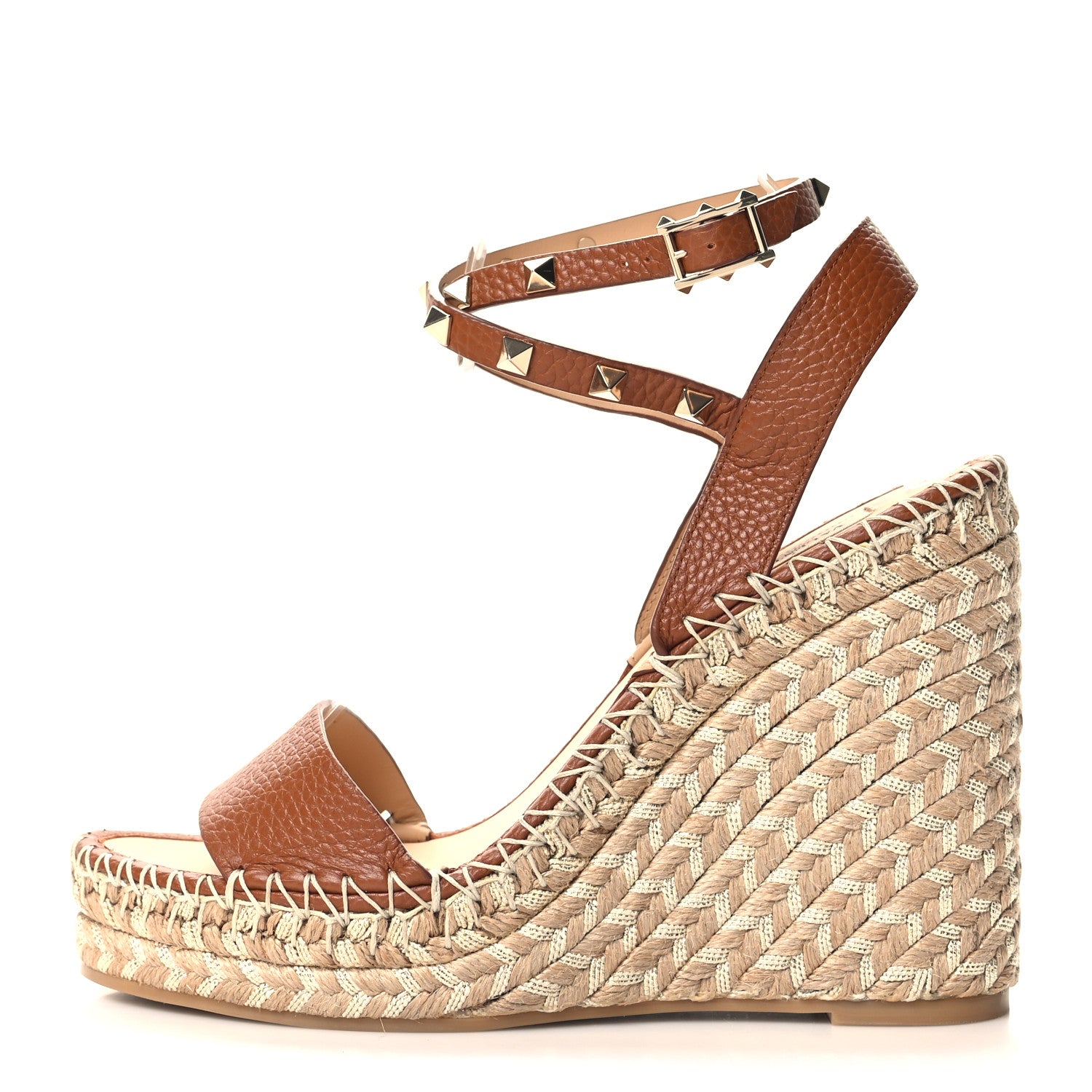 Valentino Garavani Grained Calfskin Rockstud Ankle Strap Espadrille Wedge Sandals 39 Cuoio Natural 1 of 7
