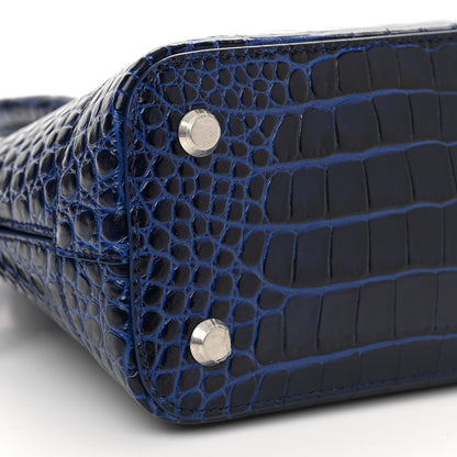 Balenciaga Shiny Calfskin Logo Crocodile Embossed S Ville Top Handle Bag Navy White 9 of 13