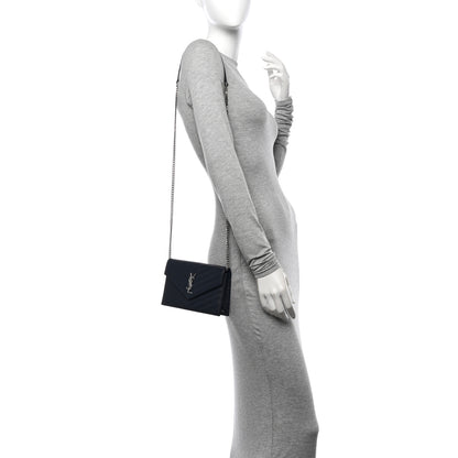 Saint Laurent Grain De Poudre Matelasse Chevron Monogram Envelope Chain Wallet Navy 2 of 12