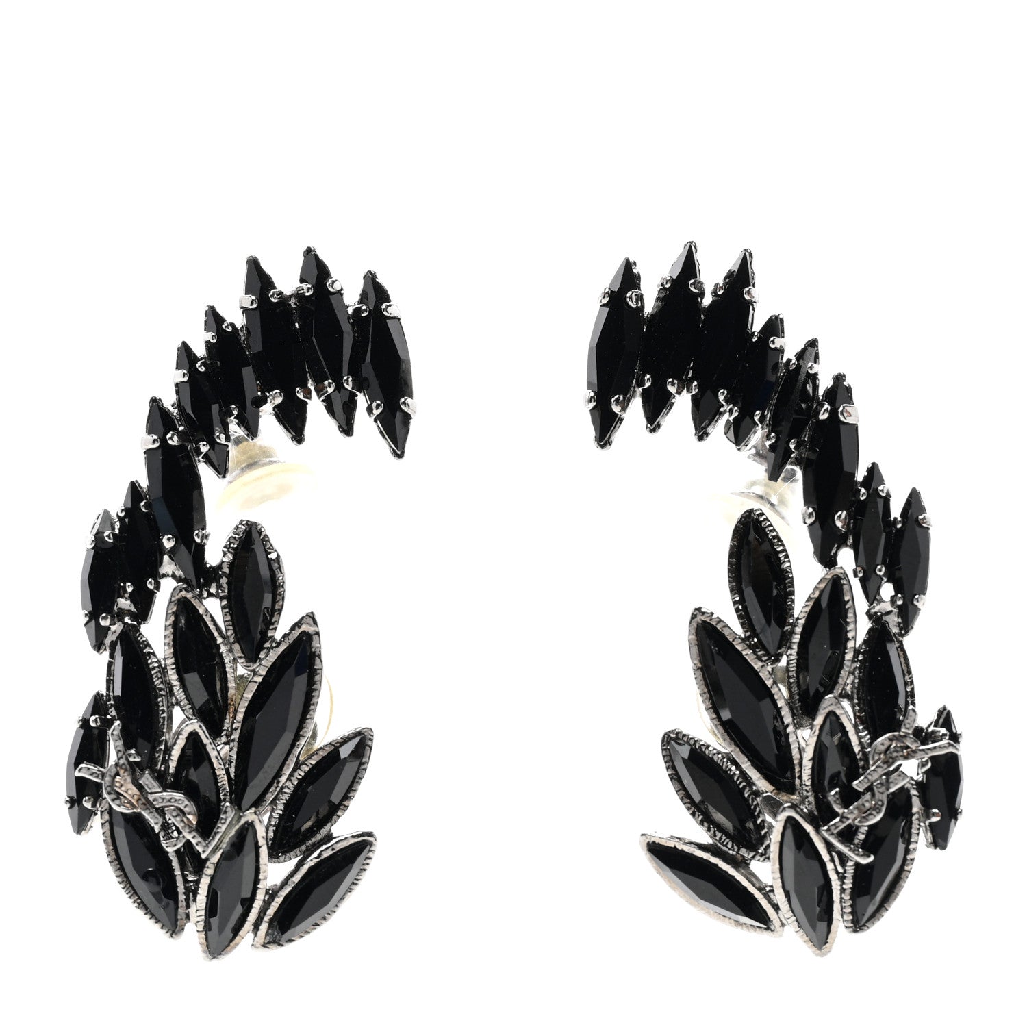 Saint Laurent Crystal Monogram Clip Earrings Silver Black 1 of 4
