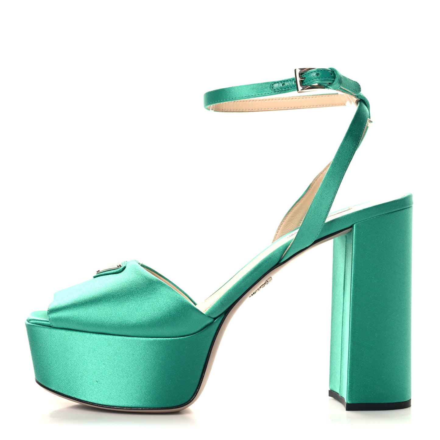 Satin Metal Triangle Logo Ankle Strap 40/135mm Platform Sandals 40 Assenzio