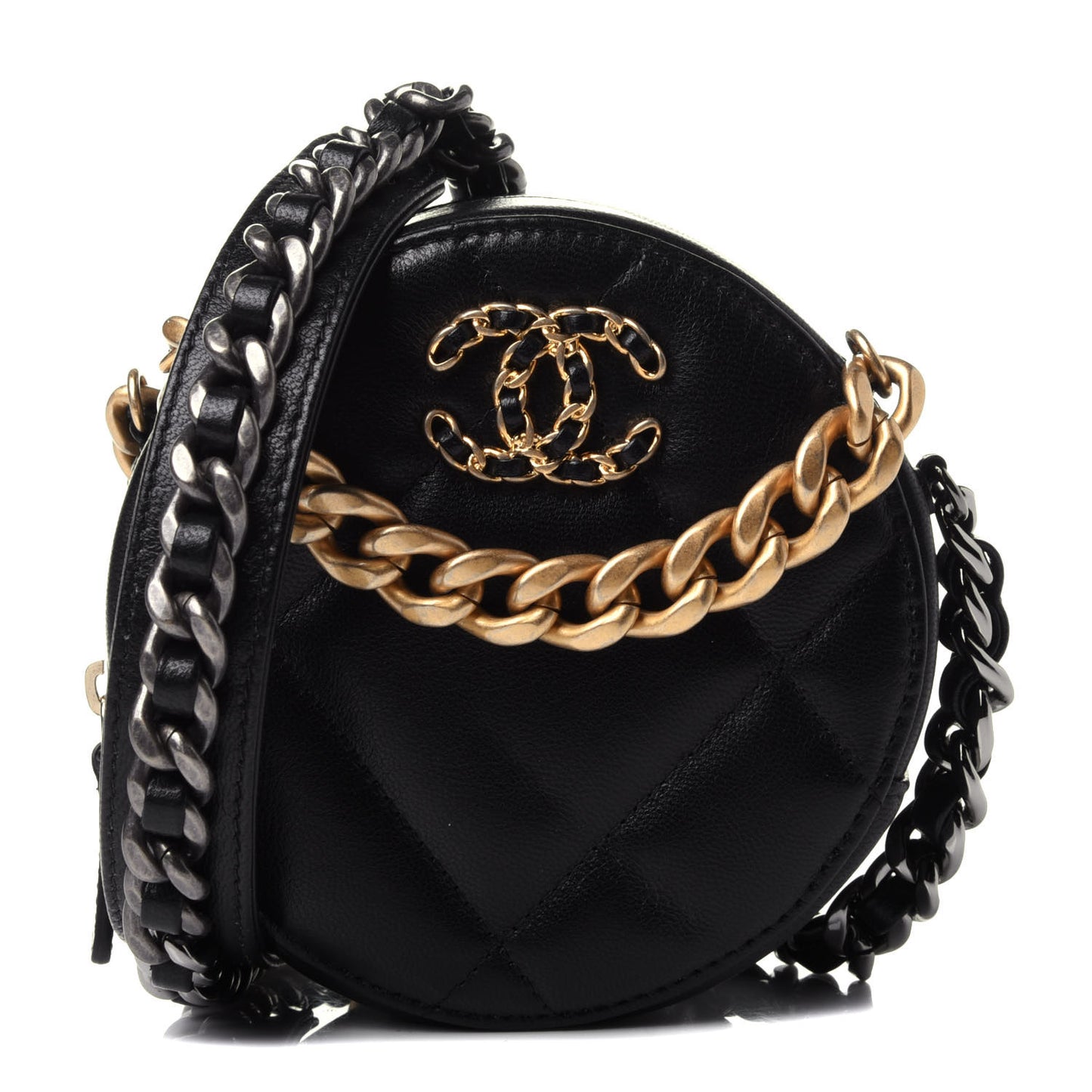 Shiny Goatskin Quilted Chanel 19 Round Clutch With Chain Black