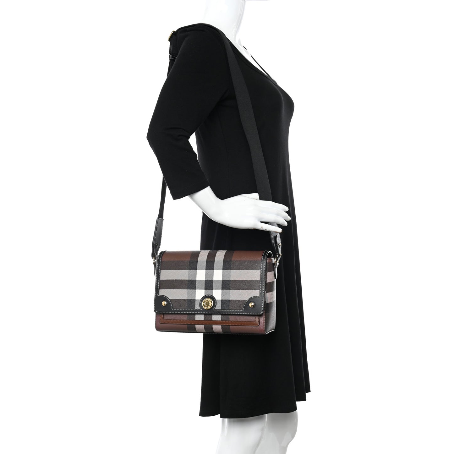 Calfskin Giant Check E-Canvas Note Crossbody Bag Dark Birch Brown