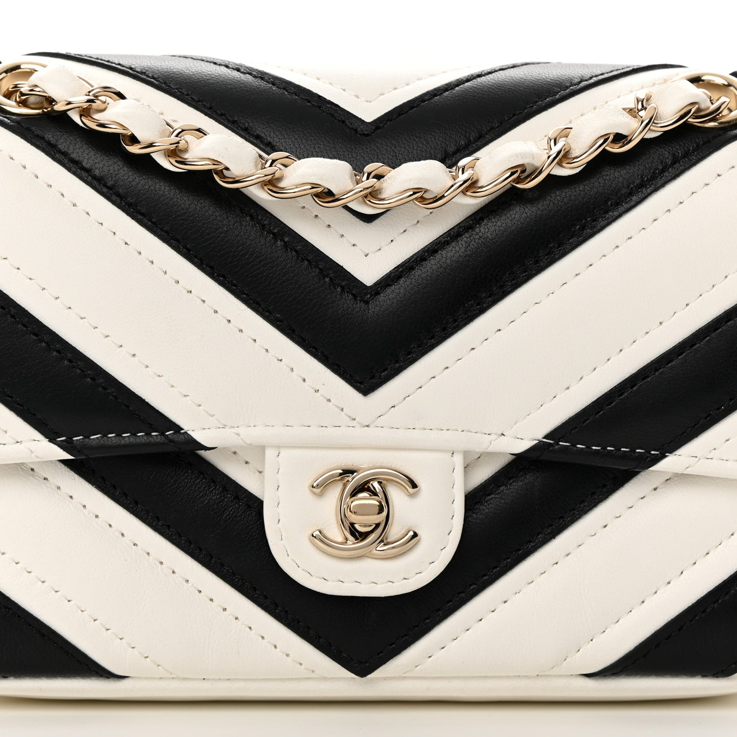 Lambskin Chevron Stitched Flap White Black