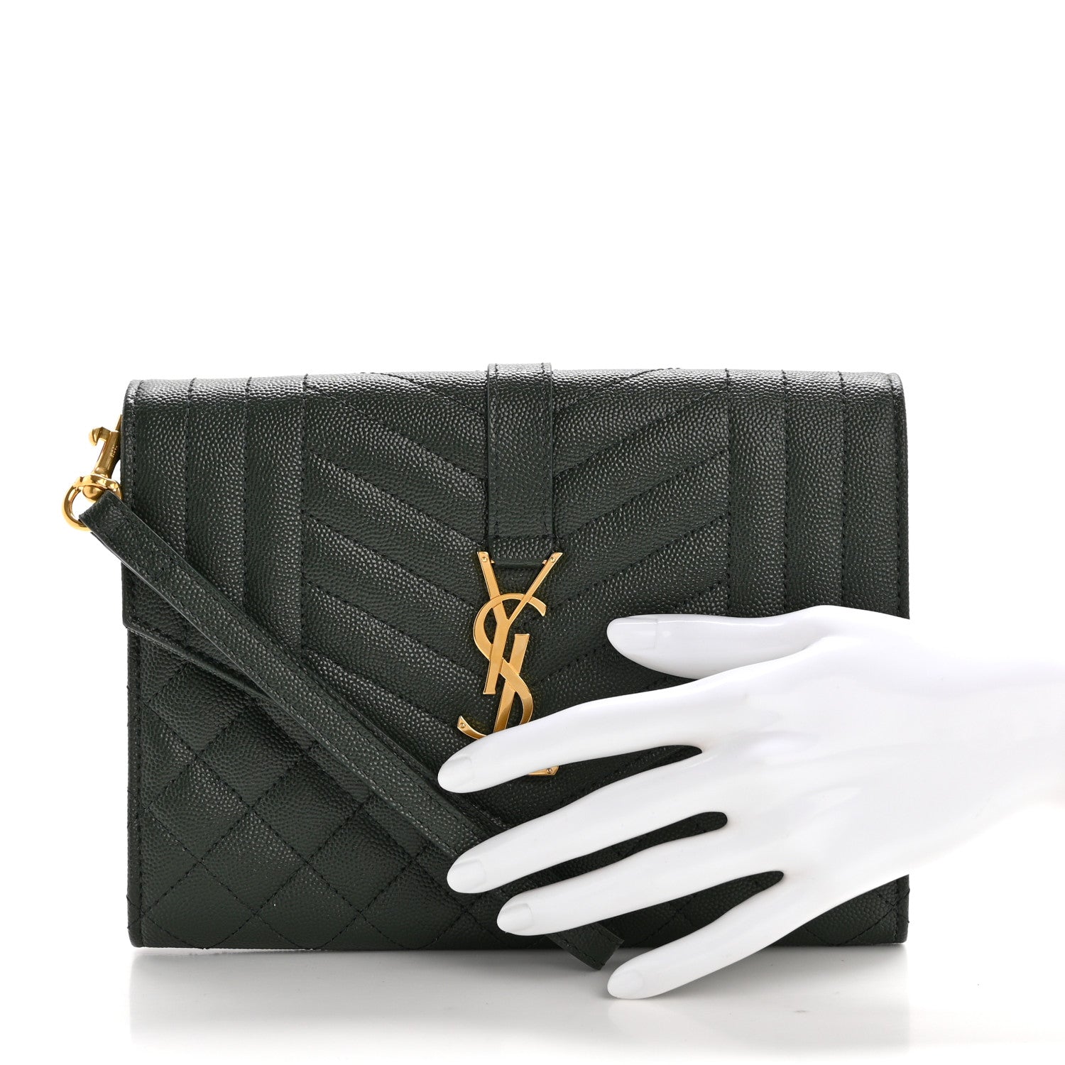 Saint Laurent Grain De Poudre Textured Mixed Matelasse Triquilt Monogram Clutch Vert Fonce 2 of 12