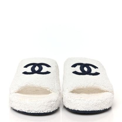Chanel Terry CC Flat Mules Sandals 38 White Navy 4 of 16