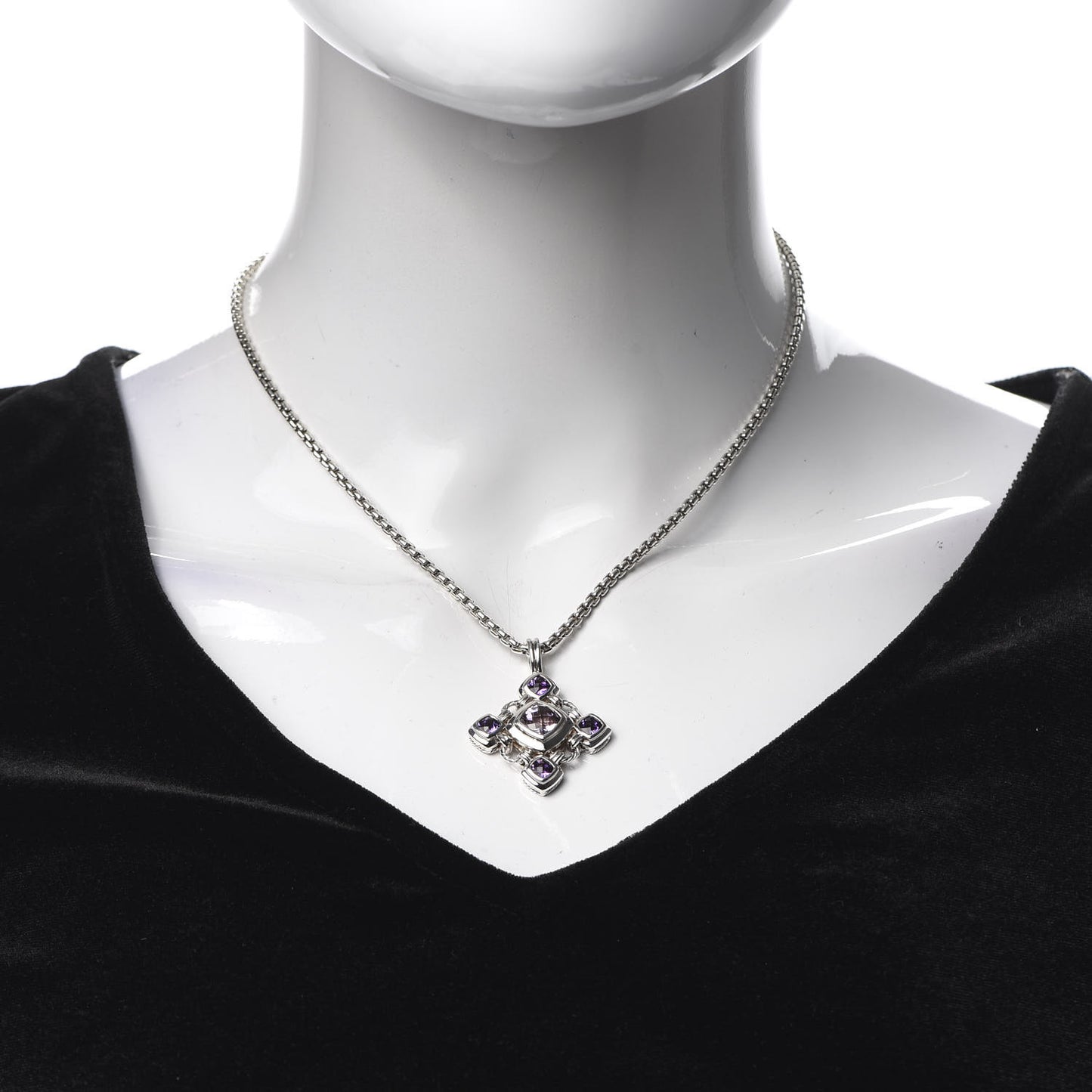Sterling Silver 14K Yellow Gold Amethyst Renaissance Cross Pendant Necklace