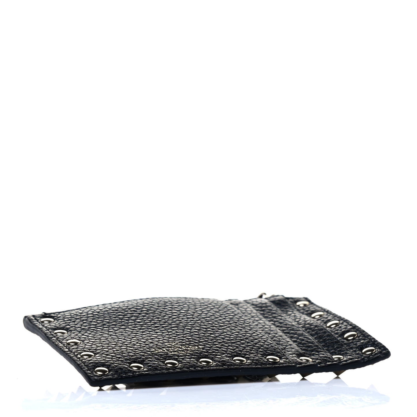 Pebbled Calfskin Rockstud Coin Case Card Holder Black
