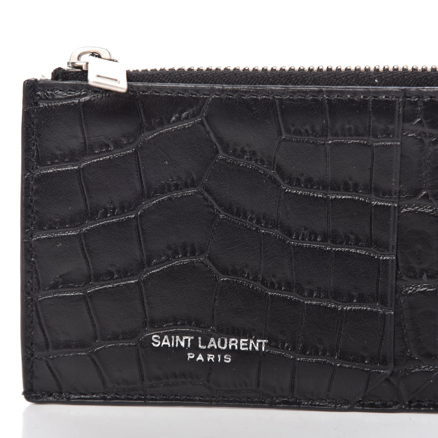 Calfskin Crocodile Embossed 5 Fragments Zip Pouch Card Holder Black