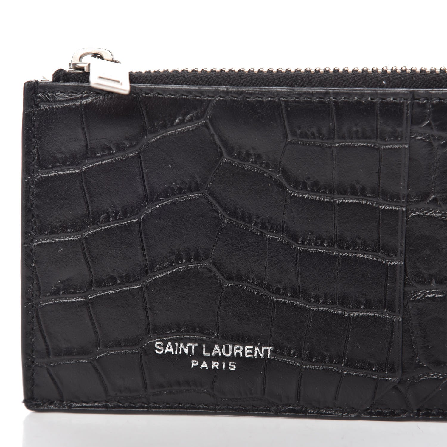 Saint Laurent Calfskin Crocodile Embossed 5 Fragments Zip Pouch Card Holder Black 10 of 10