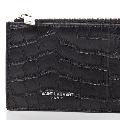 Saint Laurent Calfskin Crocodile Embossed 5 Fragments Zip Pouch Card Holder Black 10 of 10