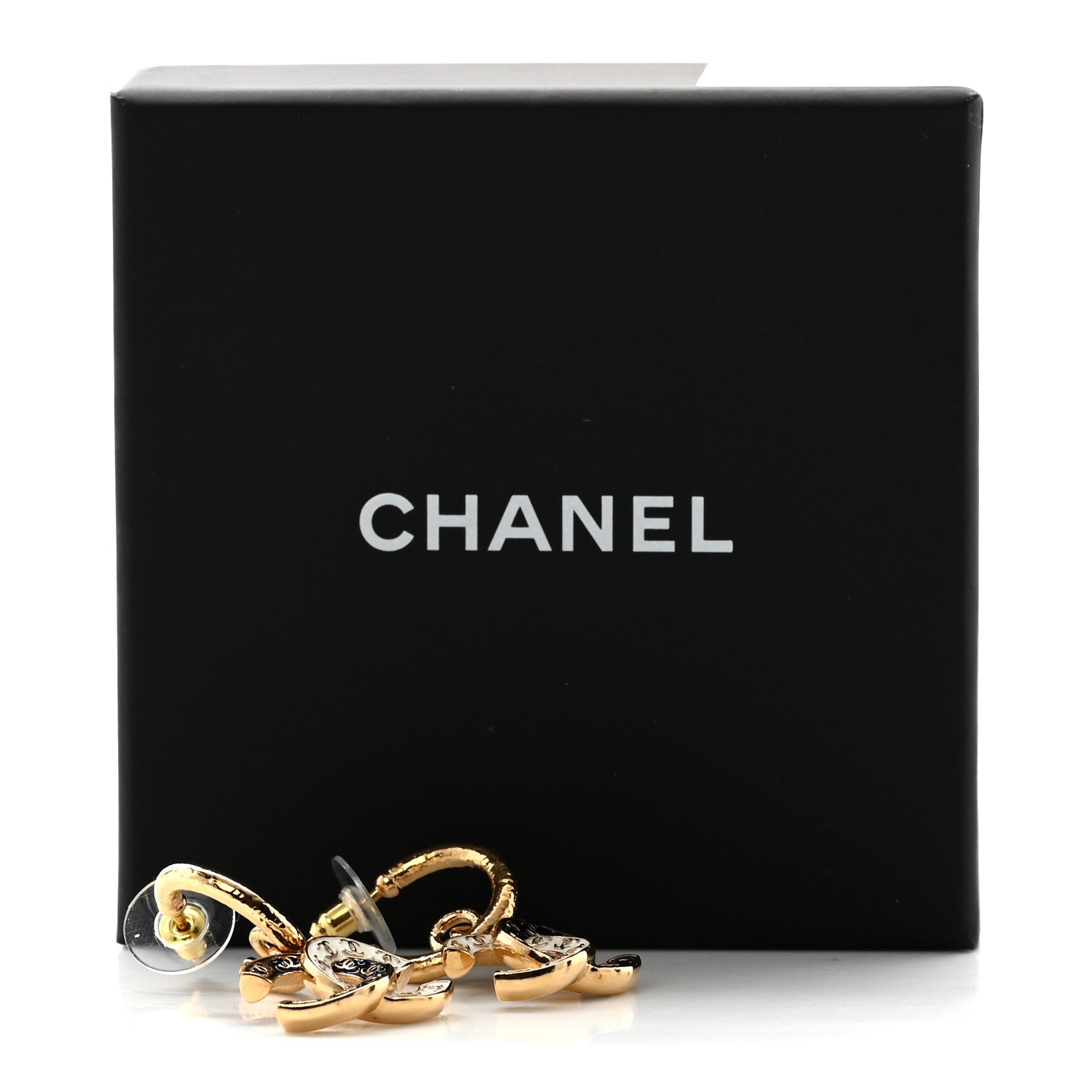 Chanel Enamel CC Hoop Drop Earrings Black White Gold 6 of 6
