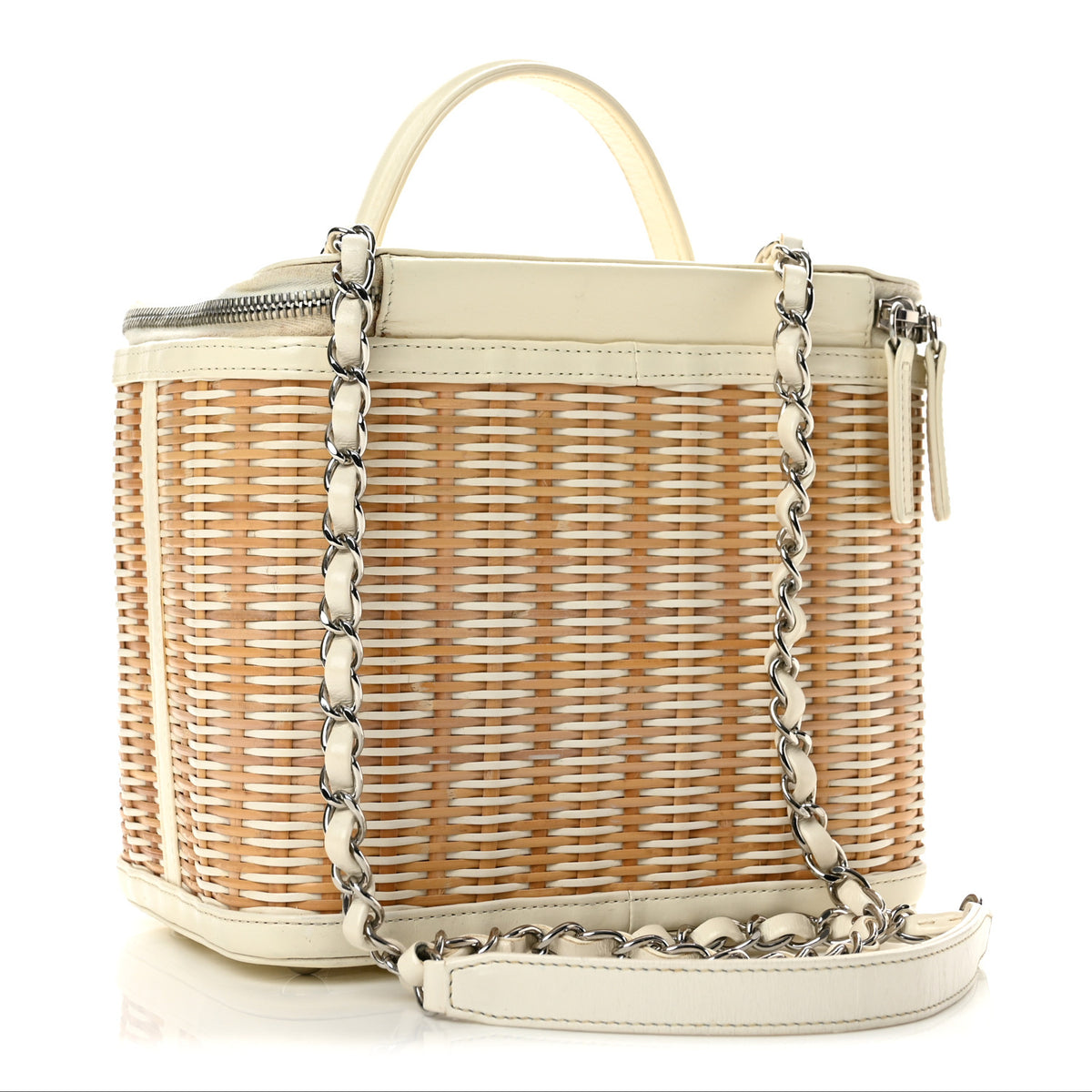 Glazed Calfskin Raffia Vanity Case Bag White Beige