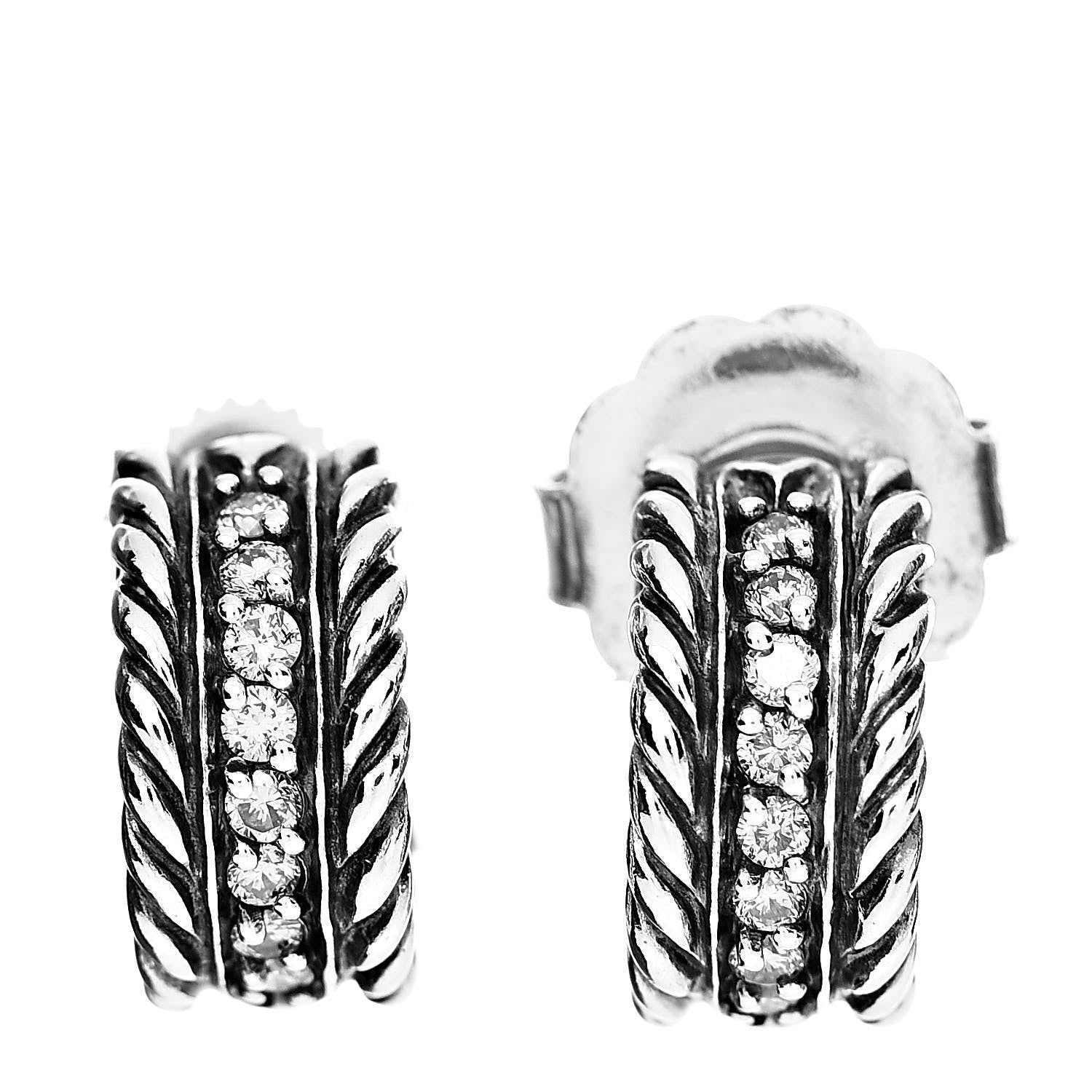 David Yurman Sterling Silver Diamond 12mm Cable Hoop Earrings 1 of 4