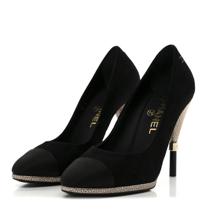 Chanel Suede Calfskin Satin Cap Toe CC Pumps 37 Black 4 of 10