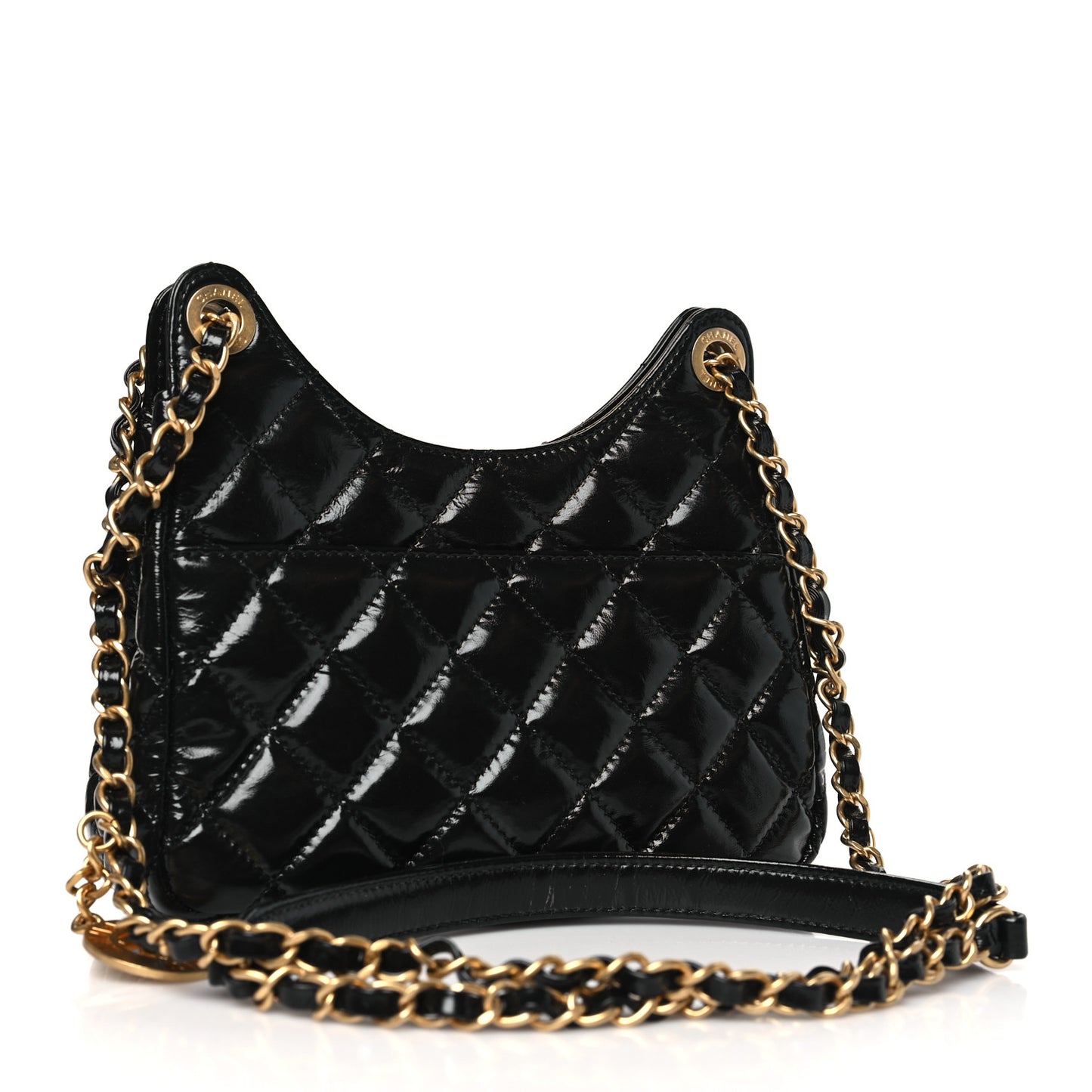 Shiny Crumpled Calfskin Quilted Small Wavy CC Hobo Black