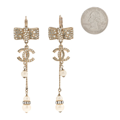 Chanel Crystal Pearl Bow Drop Earrings Gold 2 of 7