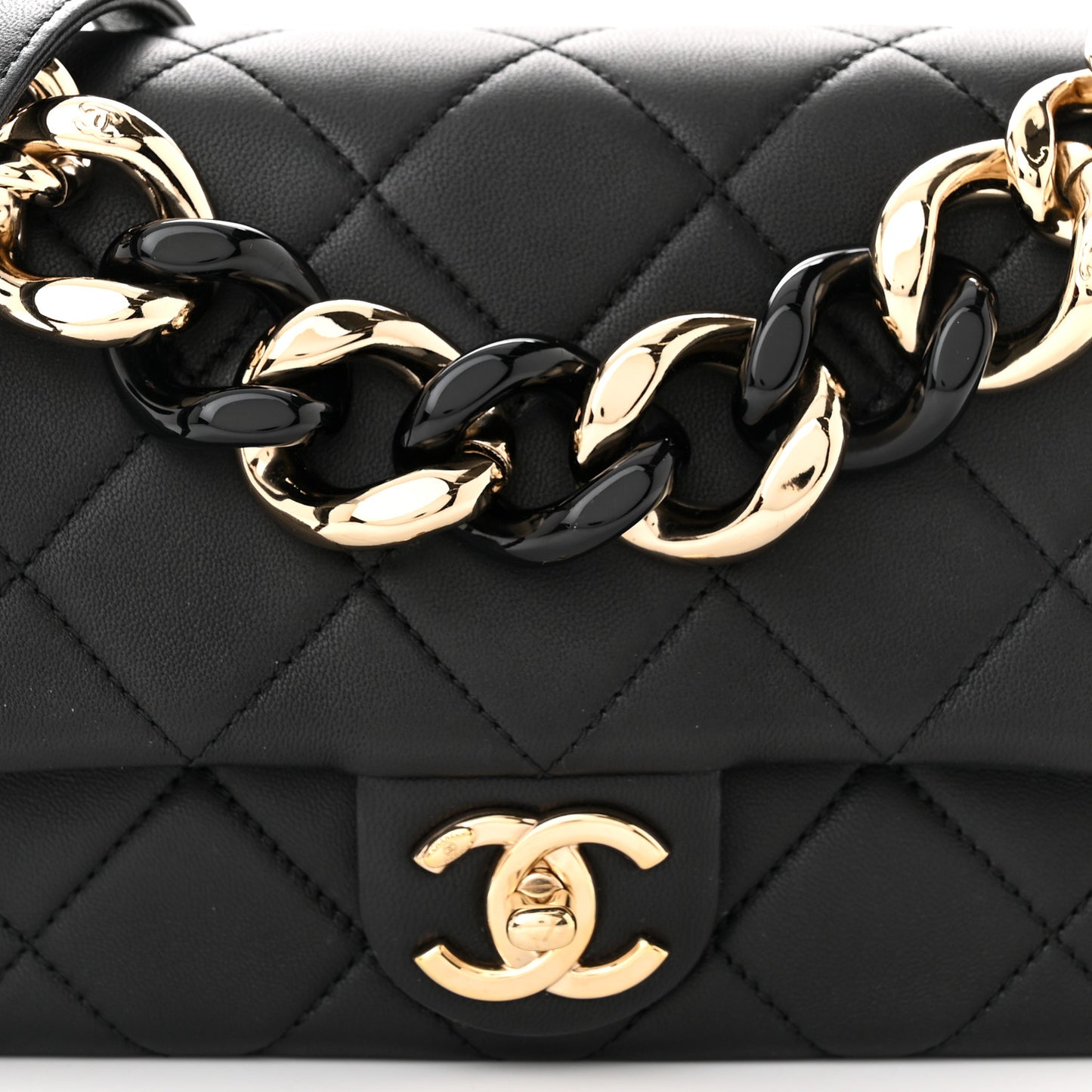 Lambskin Quilted Resin Bi-Color Chain Flap Bag Black