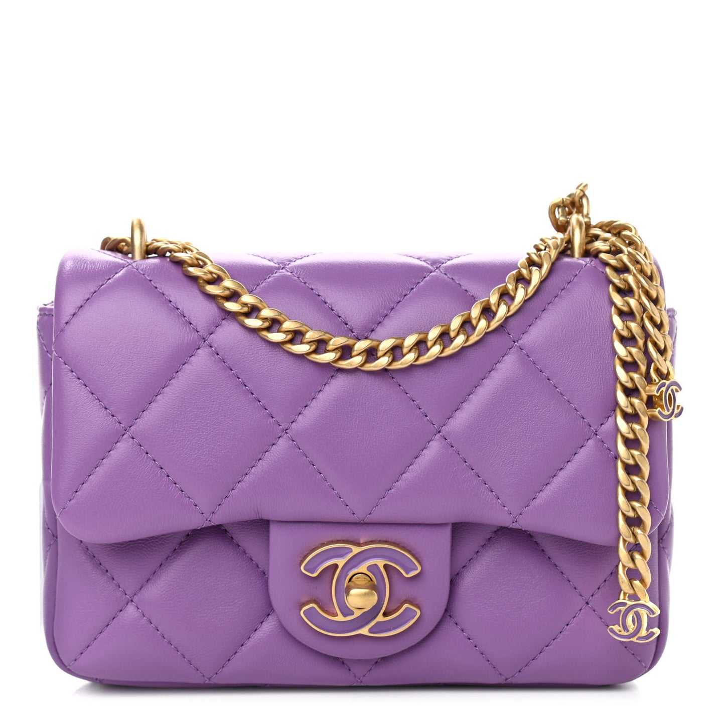 Lambskin Enamel Quilted Mini Pending CC Square Flap Purple