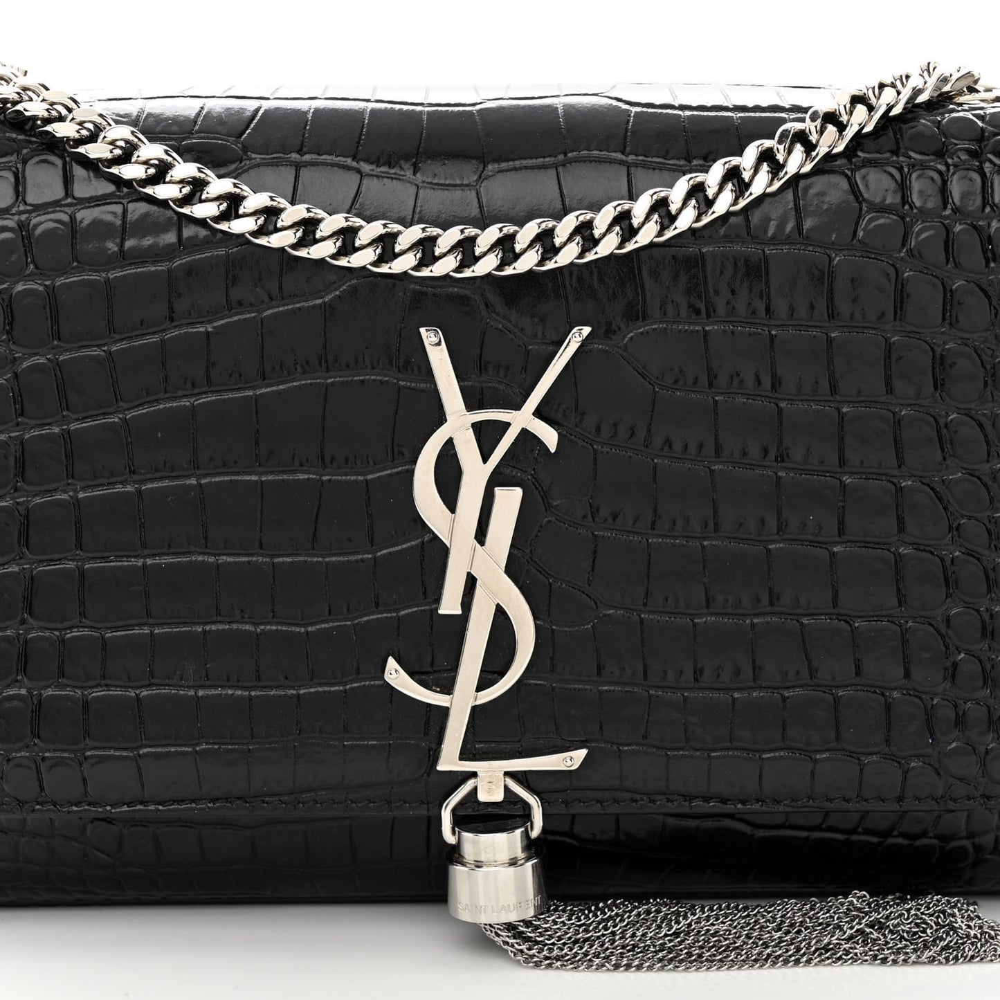 Calfskin Crocodile Embossed Small Classic Monogram Kate Tassel Satchel Black