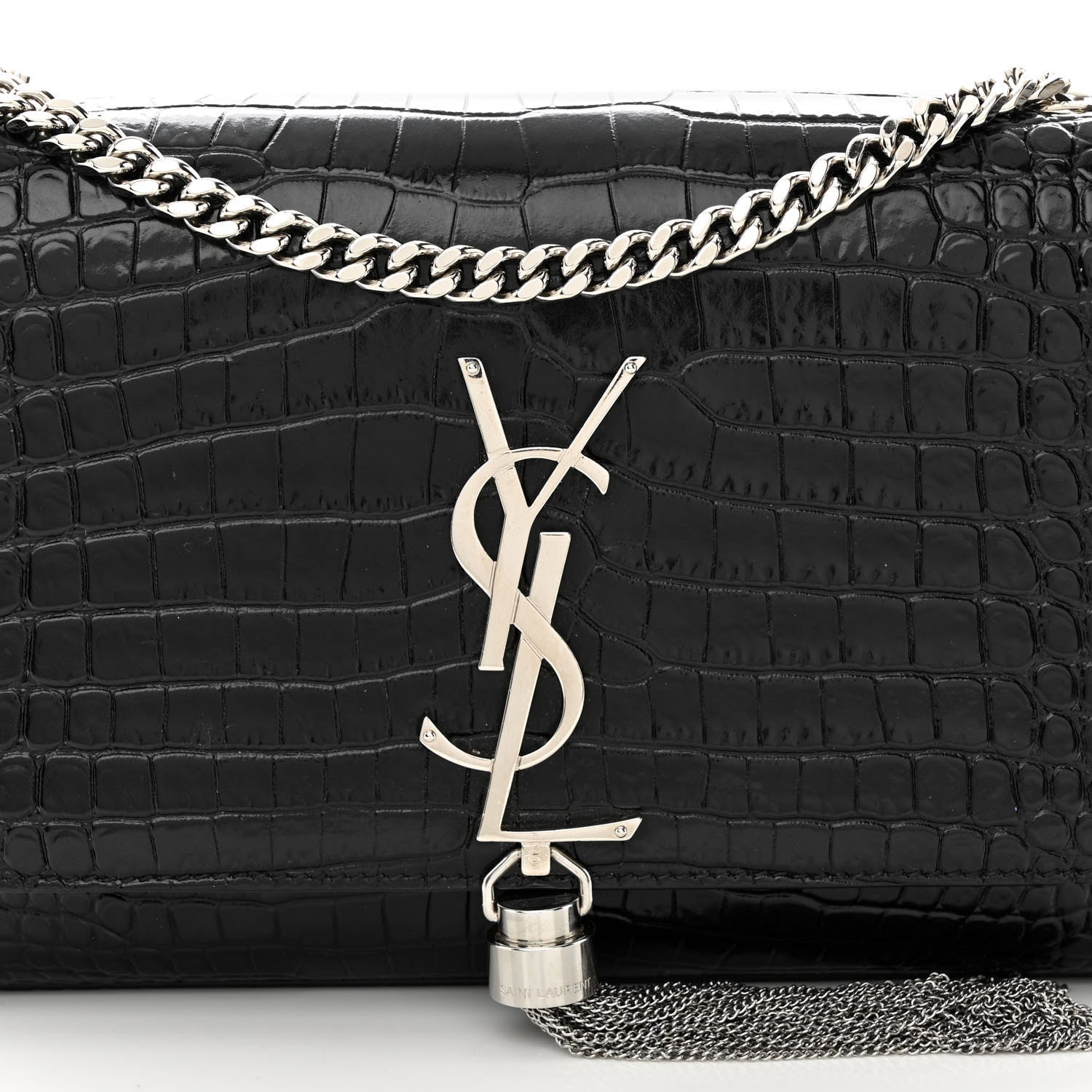 Saint Laurent Calfskin Crocodile Embossed Small Classic Monogram Kate Tassel Satchel Black 7 of 10