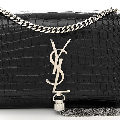 Saint Laurent Calfskin Crocodile Embossed Small Classic Monogram Kate Tassel Satchel Black 7 of 10