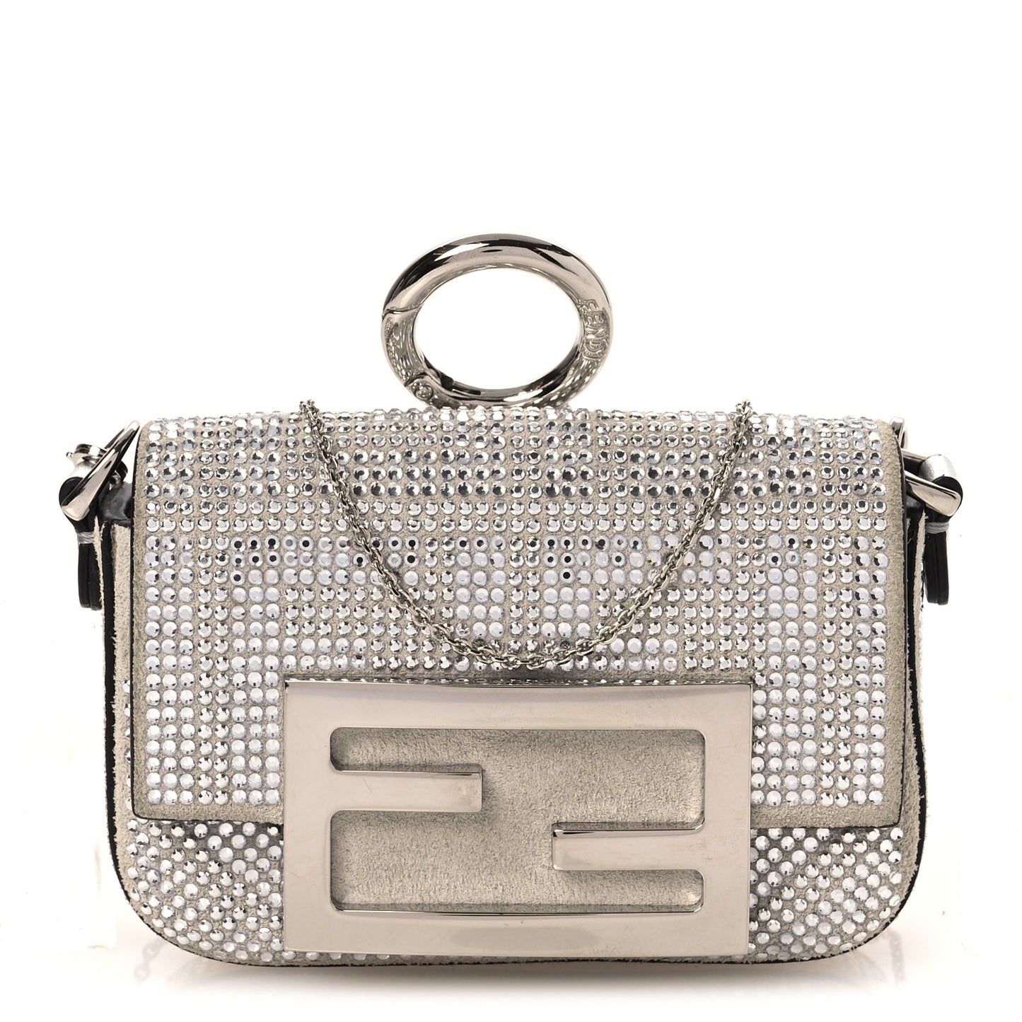 Crystal Vitello Laminato FF Nano Maxi Buckle Baguette Charm  Crystal Argento