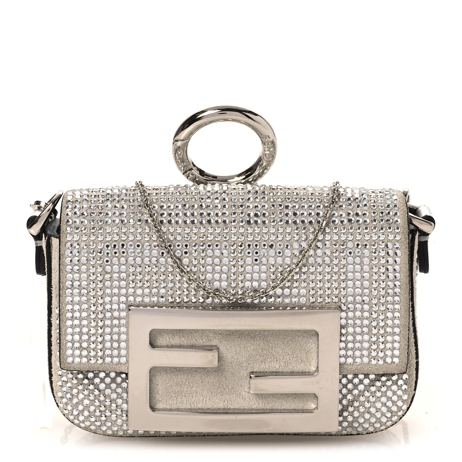 Fendi Crystal Vitello Laminato FF Nano Maxi Buckle Baguette Charm  Crystal Argento 1 of 11