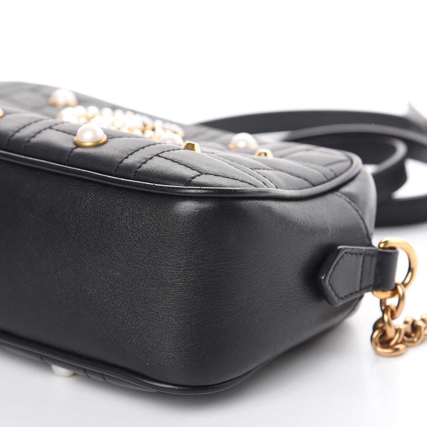 Calfskin Matelasse Studded Small Pearly GG Marmont Chain Shoulder Bag Black