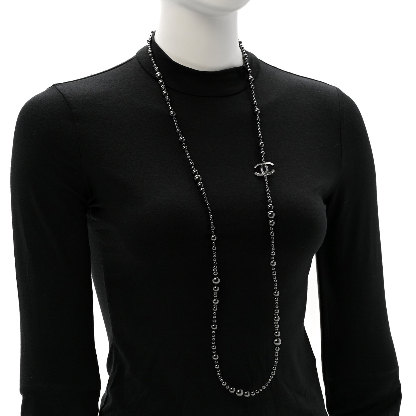 Ruthenium Graduated Pearl Crystal CC Long Necklace Dark Grey
