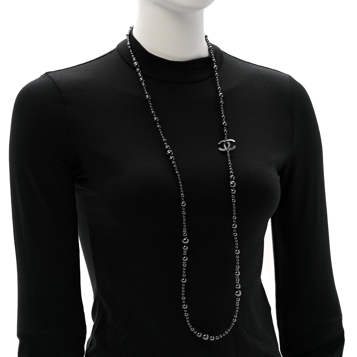 Chanel Ruthenium Graduated Pearl Crystal CC Long Necklace Dark Grey 2 of 6