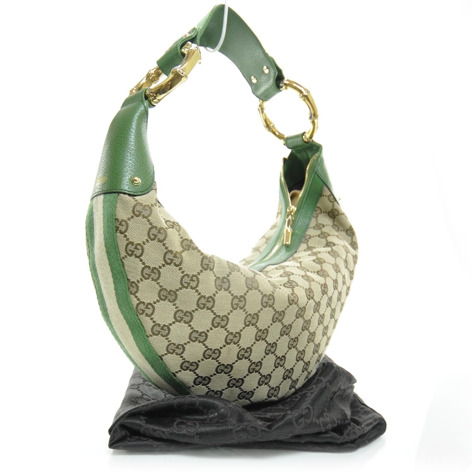 Gucci Monogram Web Bamboo Ring Hobo Green 2 of 10