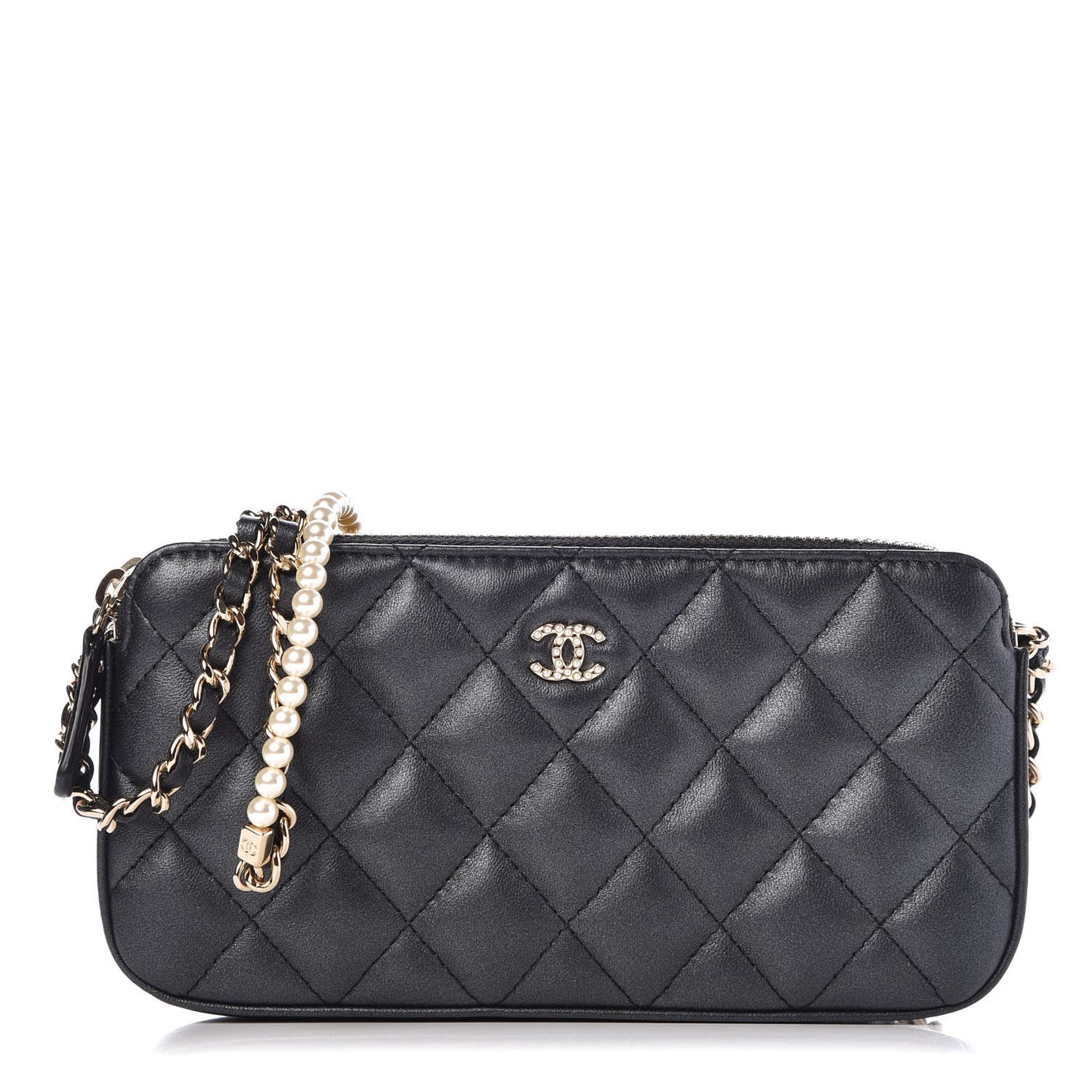 Iridescent Lambskin Quilted Pearl Clutch With Chain Black