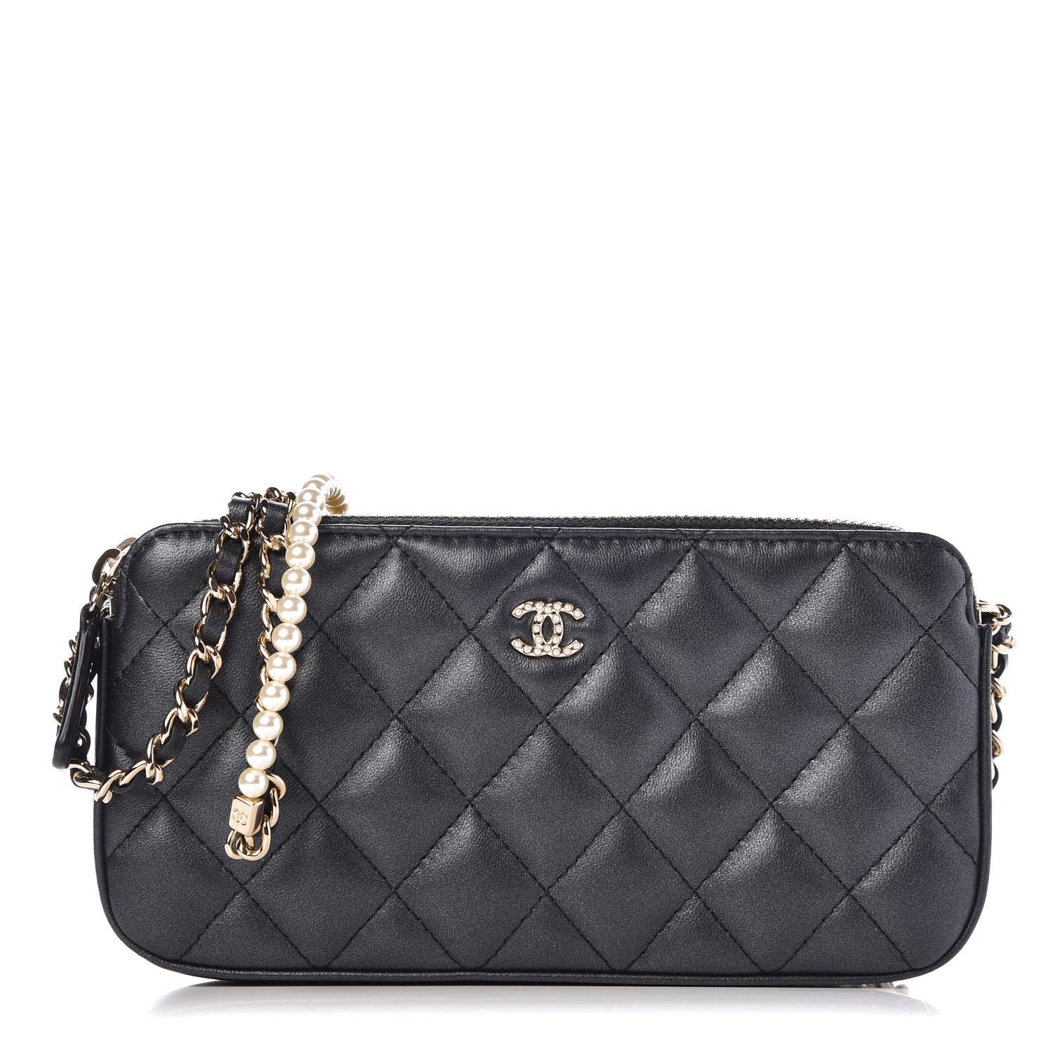 Chanel Iridescent Lambskin Quilted Pearl Clutch With Chain Black 1 of 9