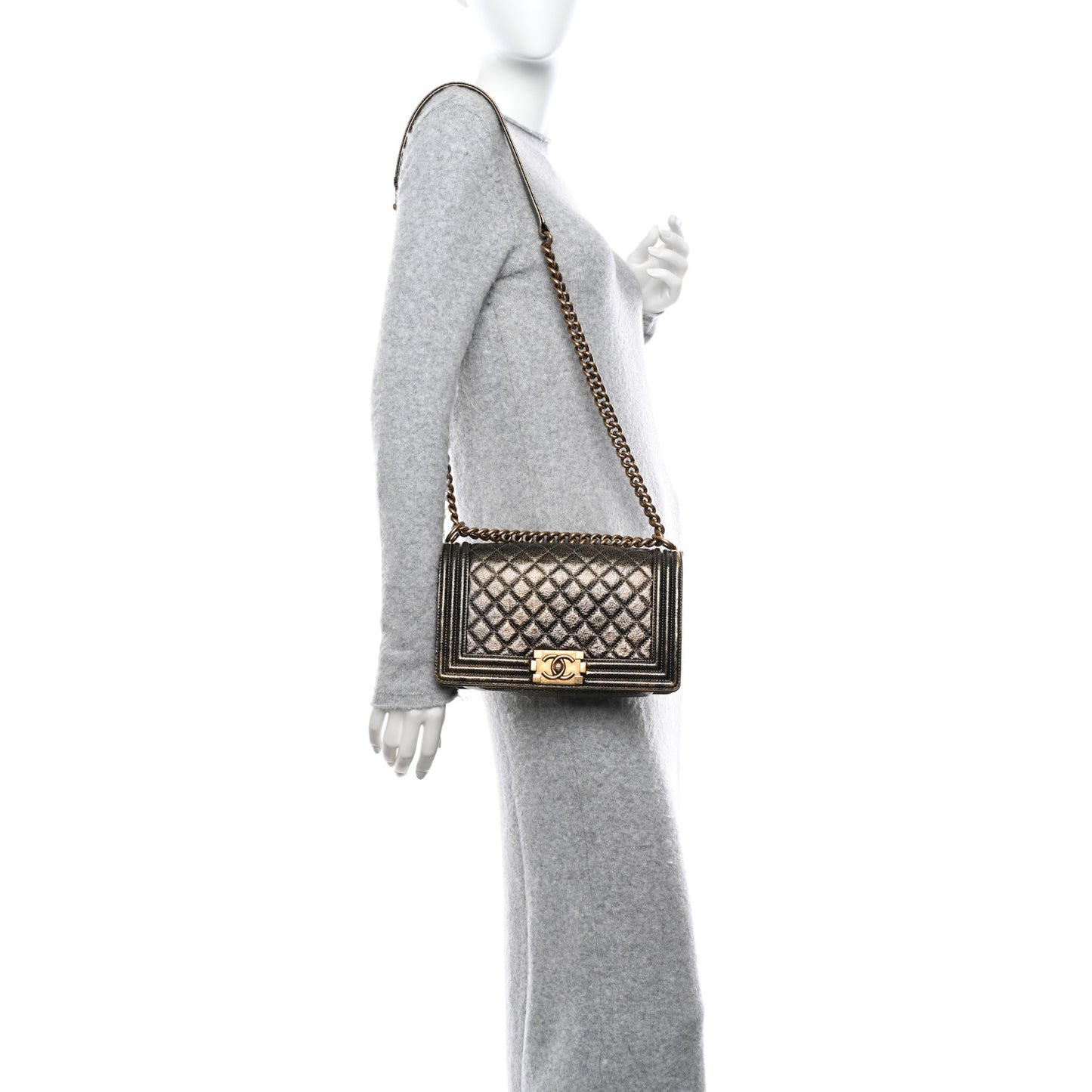 Cracked Metallic Calfskin Quilted Medium Boy Flap Gold