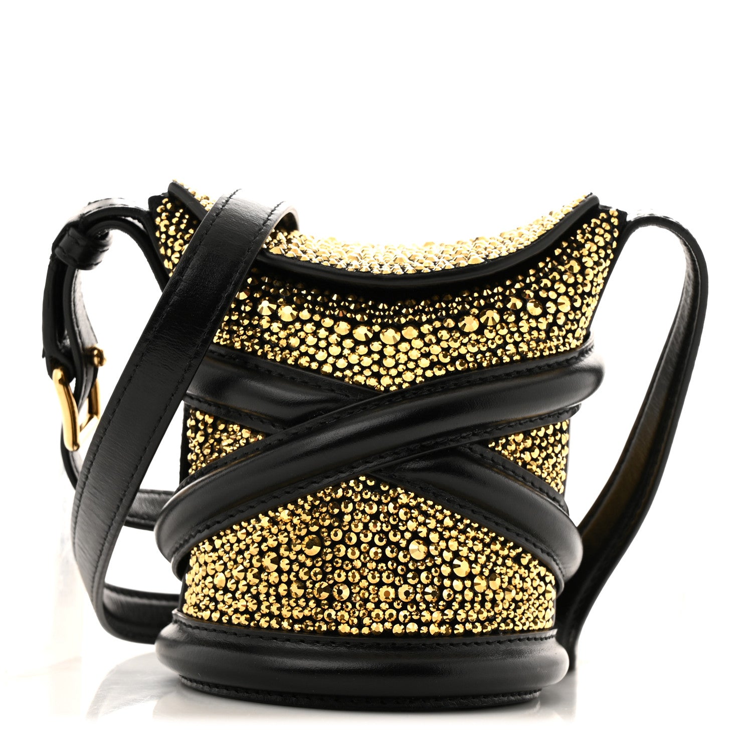 Alexander McQueen Metallic Calfskin Crystal Micro Curve Bucket Bag Gold Black 1 of 13