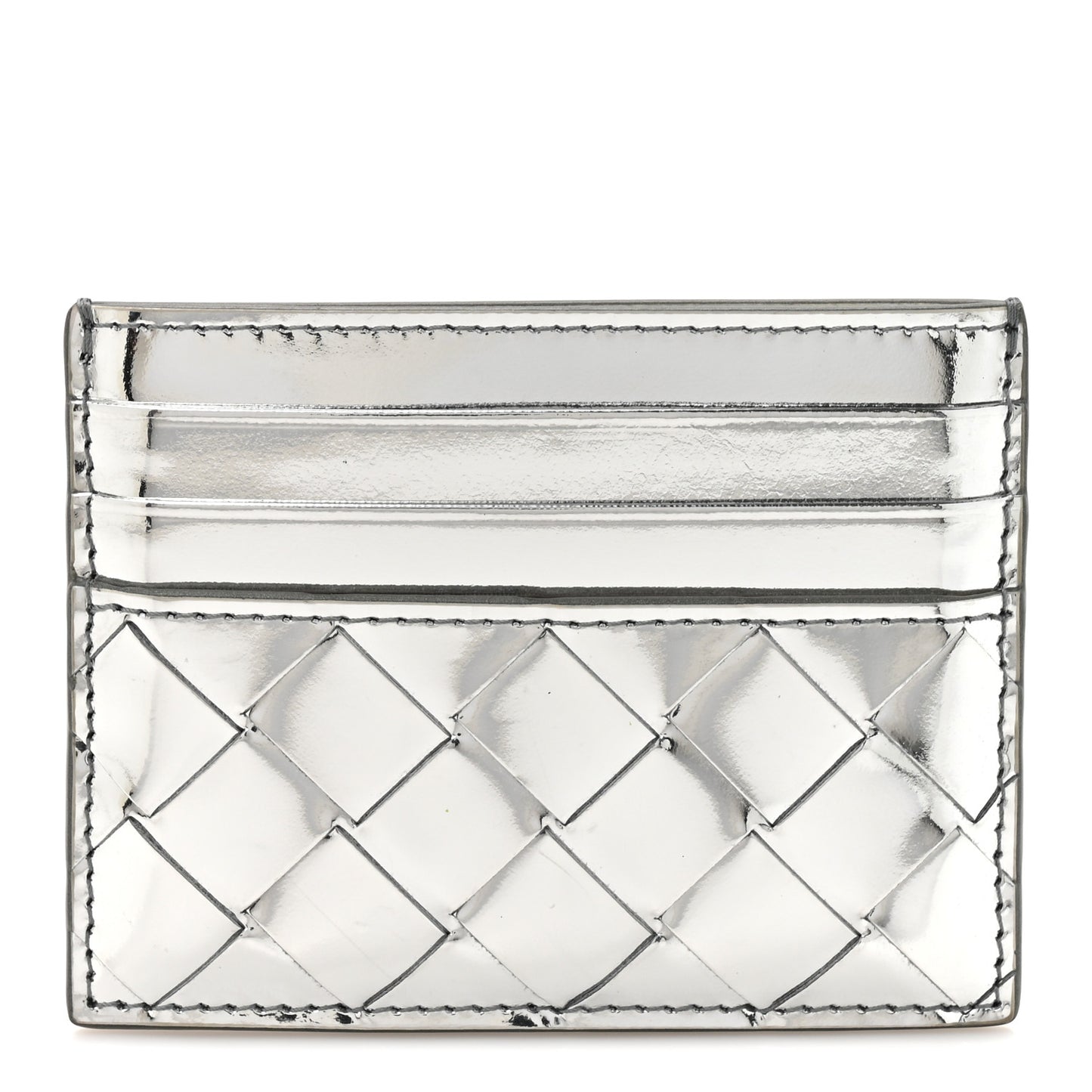Mirror Laminated Nappa Intrecciato Card Holder Silver