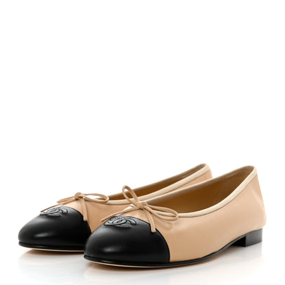 Chanel Lambskin Cap Toe Ballerina Flats 39.5 Beige Black 3 of 9