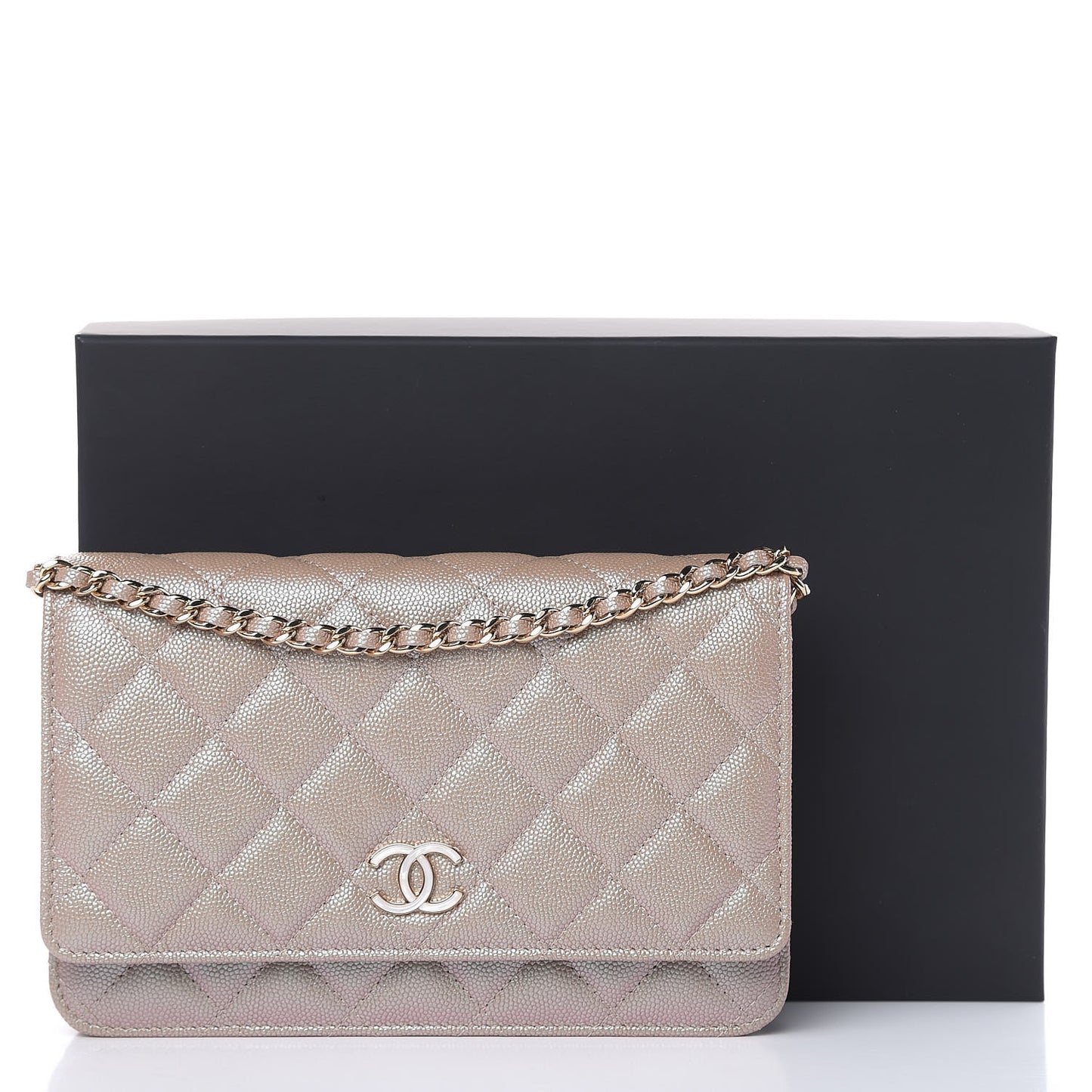 Iridescent Caviar Quilted Wallet On Chain WOC Beige