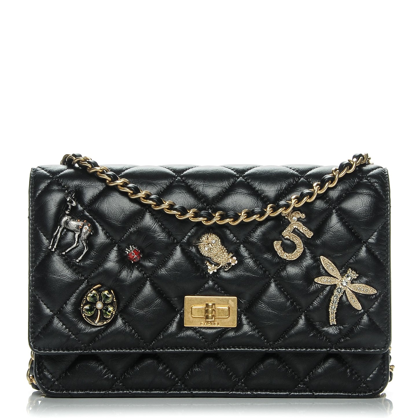 Aged Calfskin Quilted Lucky Charms 2.55 Reissue Wallet On Chain WOC Black