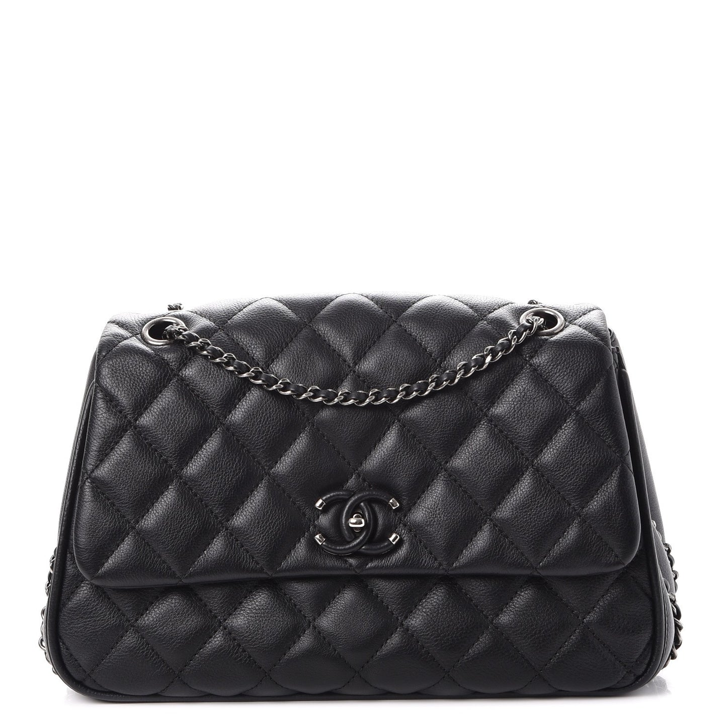 Calfskin Quilted Medium Frame In Chain Flap Black