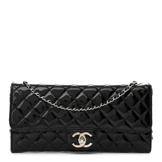 Patent Calfskin Quilted Flap Clutch With Chain Black