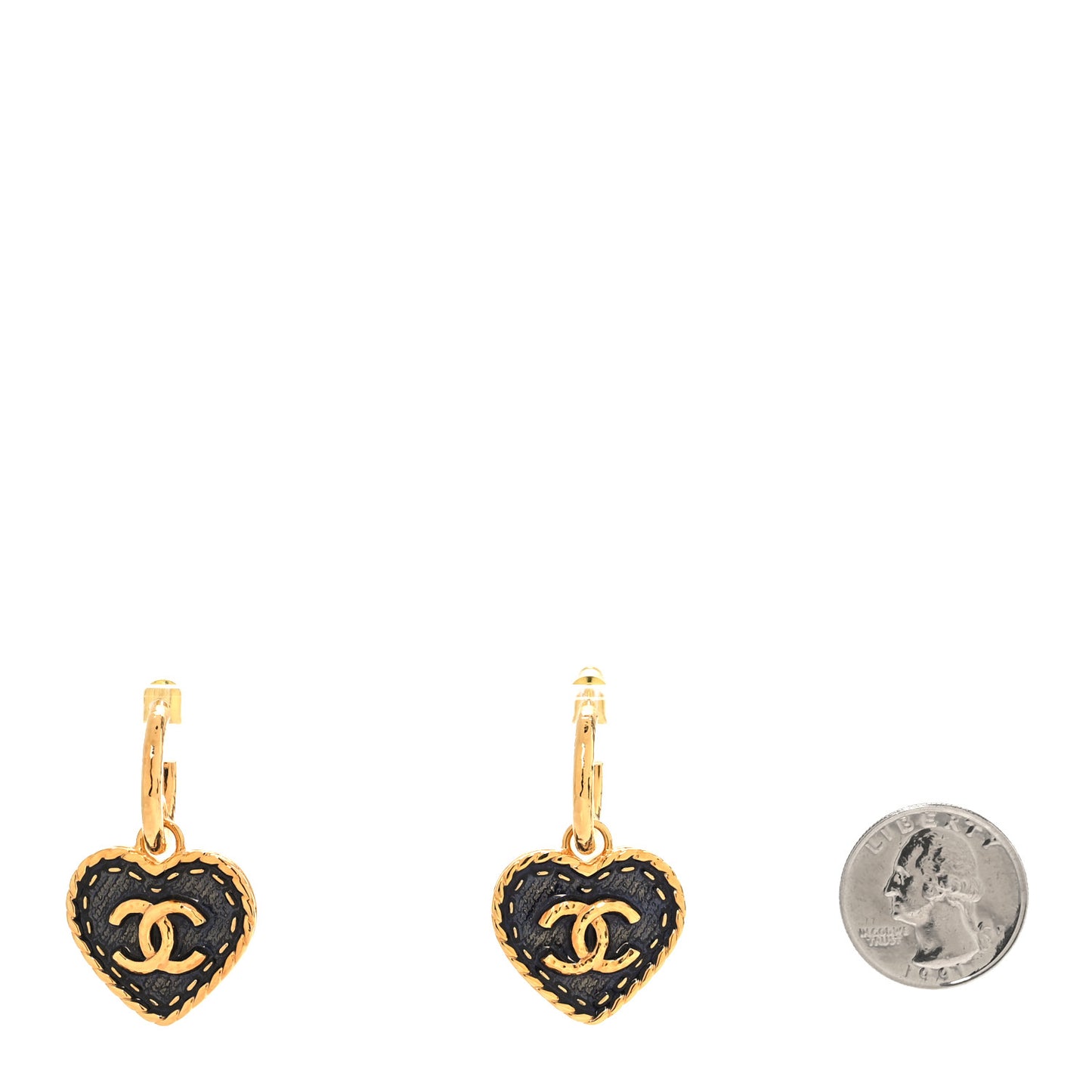 Metal Enamel CC Denim Heart Drop Earrings Gold Blue