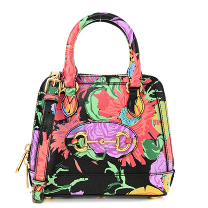 Gucci X KEN SCOTT New Shangai Calfskin Jenny Floral Print Mini Horsebit 1955 Top Handle Bag Black Pink 1 of 10